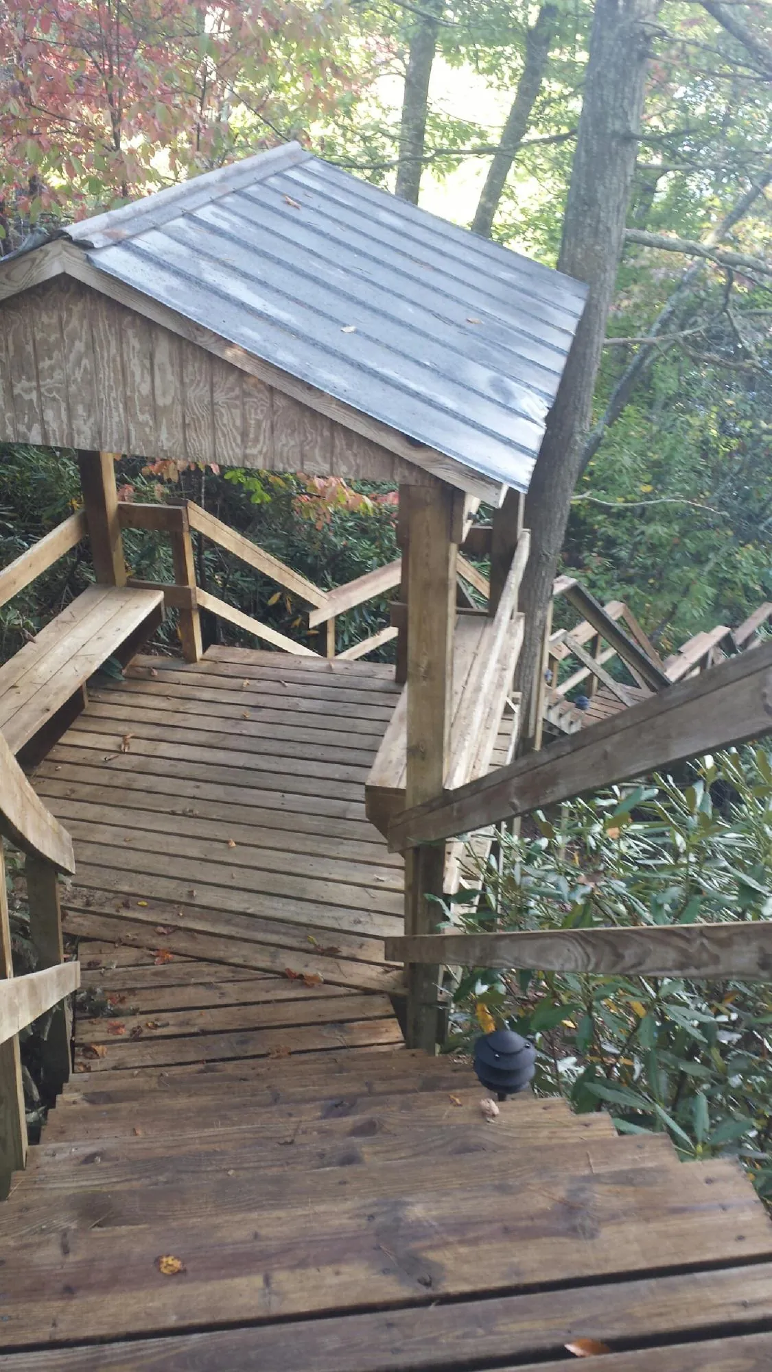 Metal roofed shelter over wooden steps on a wooded walkway — Skylight Repair & Installation work by our crew in Lilly